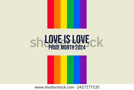 Pride Month banner with Pride Flag. LGBTQ Rainbow flag with Pride Month text. Love is Love 2024