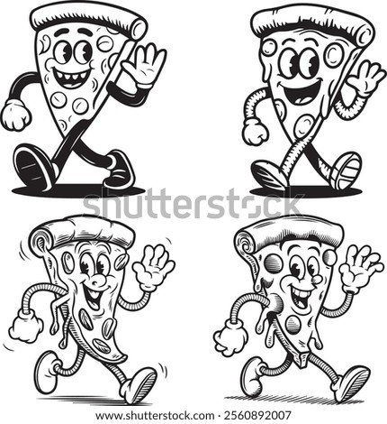 A 1920s-style cartoon pizza slice with a grin, wide eyes, and elastic limbs, playfully waving. Bold lines and minimal colors create a nostalgic feel.