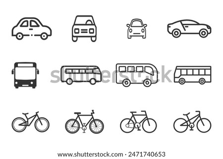 car, bus and bicycle Transport Icon. Black simple thin line icon vector illustration.