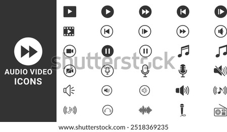 Audio Video Icons  set. music, sound and cinema icon set, interface multimedia symbols video Simple vector illustration.