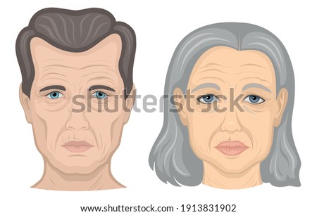 Illustration of faces of elderly man and woman on white background 