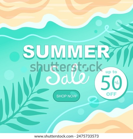 Summer big sale banner backgound template.Top view on the beach, waves and palm leaves silhouette. Special offer, up to 50% off