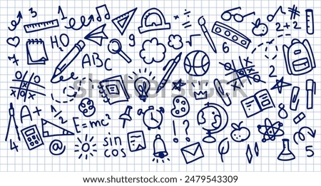 Back to school doodle hand drawn elements, vector set. School supplies and creative elements isolated on white checkered background, school notebook. Cute illustration sketches, line stickers.