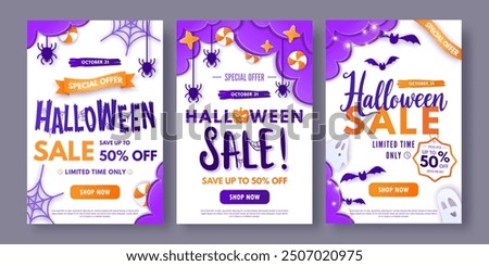 Halloween sale web banners, paper cut style. Colorful vertical posters with cute ghosts, pumpkin, clouds, spiders and bats. Vector design template for promo, advertising, social media, web.