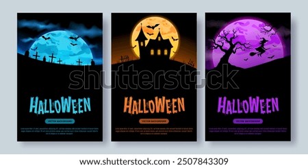 Halloween posters, web banners with silhouettes of graves, a cemetery, a castle, trees, bats and witches. Creative flat blue, orange, purple cards. Creepy, scary, spooky night concept. Vector template