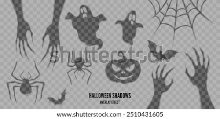 Halloween transparent shadows, overlay effect. Scary, spooky monster hands, ghosts, spiders, bats, pumpkin, spider web illustration. Vector decoration elements for halloween background, banners.