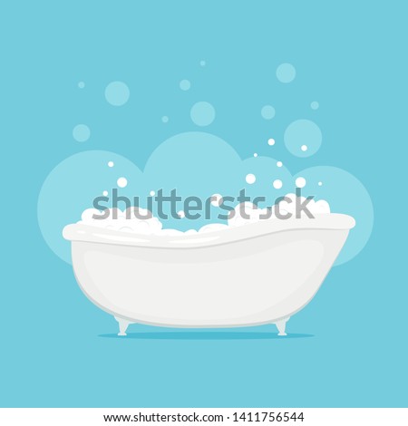 White bathtub in bathroom. Vintage bath and soap foam bubbles on blue background,  illustration.