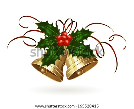 Golden Christmas Bells With Holly Berries And Tinsel, Illustration ...