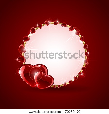 Red valentines background with circle from shining hearts, illustration.