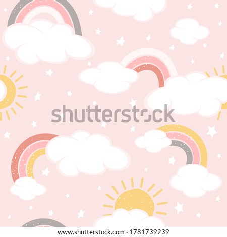 Seamless background with clouds and rainbows on pink sky. Magical repeat pattern. Illustration can be used for wallpaper, children's clothing design, pattern fill, web page background, wrapping paper