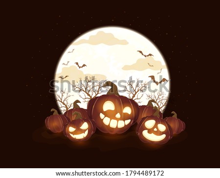 Halloween pumpkins and Moon on black night background. Holiday card with Jack O' Lanterns and bats. Illustration can be used for clothing design, children's holiday design, cards, invitations, banners