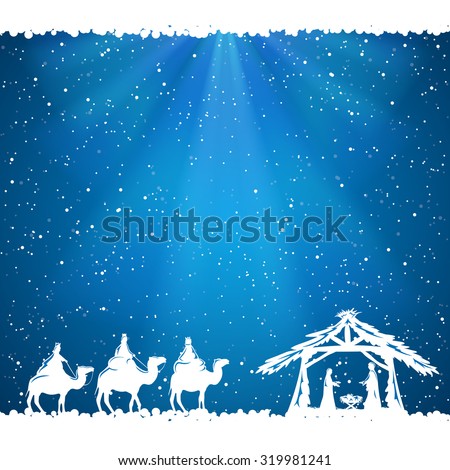 Christian Christmas scene on blue background, illustration.