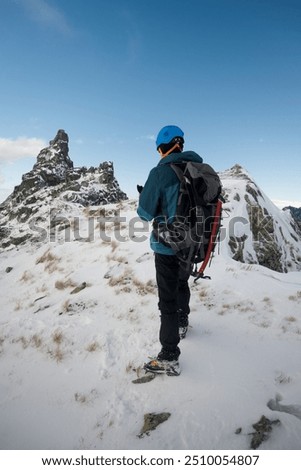 Similar – Image, Stock Photo Man admiring mountain landscape from wooden footbridge