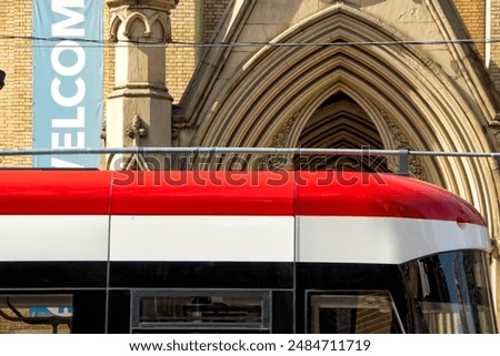 Similar – Image, Stock Photo Streetcar in front of old town panorama with motion blur