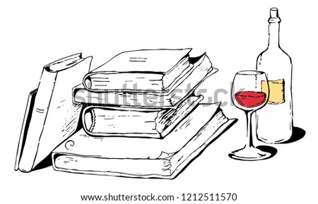 a pile of old books near a bottle of wine and a wine glass on white background - vector illustration