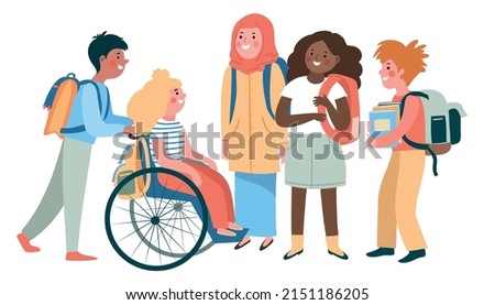 a group of school friends of different ethnicity, gender, age including wheelchair user together laughing and talking - flat hand drawn vector illustration