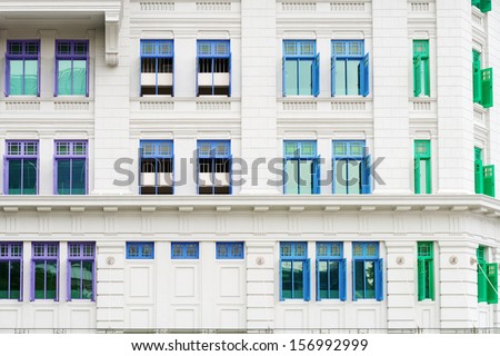 Retro windows with shutters in colonial architecture style building, Singapore