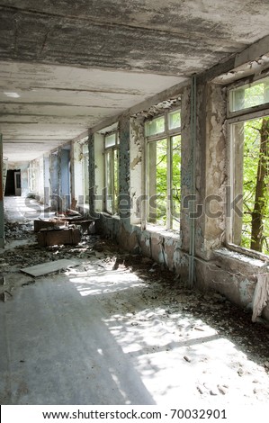 Chernobyl disaster results. This is corridor with scattered respirators in abandoned school in small city Pripyat (about 5 kilometers form the Chernobyl nuclear station).