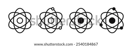 Atom icons set. Scientific, nucleus, proton, neutron, electron, core value. Vector illustration.