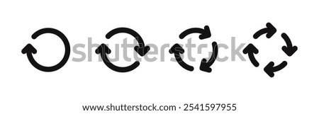 Set of circle arrows rotating on white background. Refresh, reload, recycle, loop rotation sign collection. Black circle arrows for infographics, web design. Vector illustration.