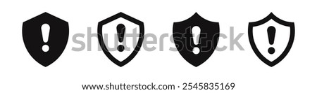 Shield exclamation mark icons set. Risk alert and attention symbol. Vector illustration.