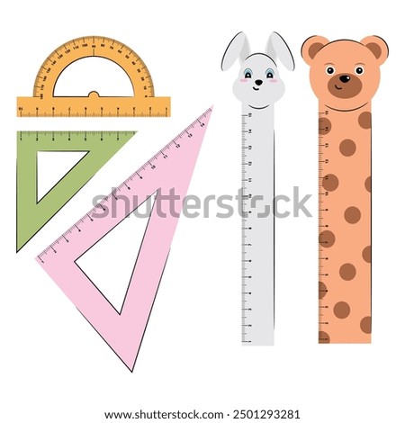 Set Vector School Rulers in cute cartoon style in white Background. Protractor, Triangle Ruler, Ruler