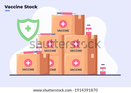 Flat style illustration Covid-19 Coronavirus vaccine stock, Covid-19 Vaccine Ready to delivery or distribute to all world, Coronavirus Vaccine Safe, Vaccine Storage Room, Stock Room Medicine