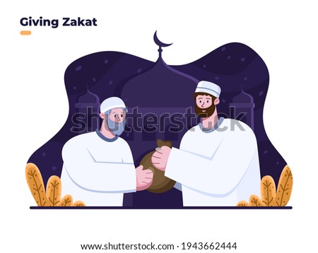 People giving zakat to old man at ramadan month. Give charity to the other person. Almsgiving illustration. Giving food or zakat to people. Zakat for poor people. Ramadan month activities. eid al fitr