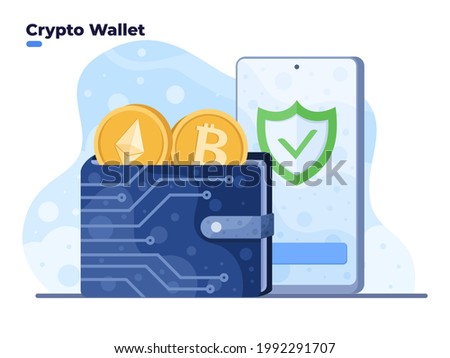 Crypto wallet vector illustration with mobile smartphone. Digital Wallet technology for cryptocurrency bitcoin. Wallet connected to mobile phone.