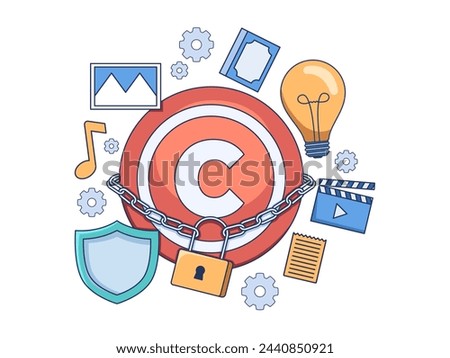 Illustration of copyright Protection, depicted various creative works safeguarded copyright. Patents and intellectual property protection law and rights.