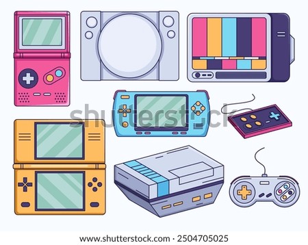 Illustration of a retro or classic gaming console and classic handheld portable console. 
This illustration features an assortment of popular video game consoles from that era and a classic TV. 