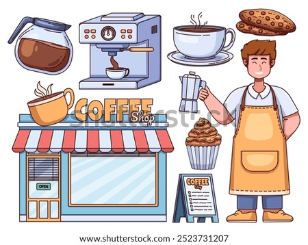 Illustration of a coffee shop element collection, featuring a coffee pot, espresso machine, cup, chocolate chip cookie, cupcake, coffee shop building, coffee shop menu, and a happy barista.