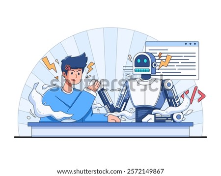 Illustration Human Vs AI depicted a human and a robot engaged in an arm wrestling match, symbolizing the competition and interaction between artificial intelligence and human capabilities.