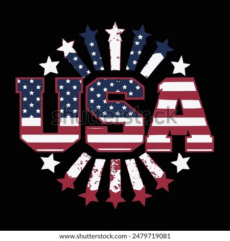 Bold and Patriotic T-Shirt Logo Design for Independence Day: 'USA' in Block Letters with American Flag Pattern, Enhanced by Stars and Stripes