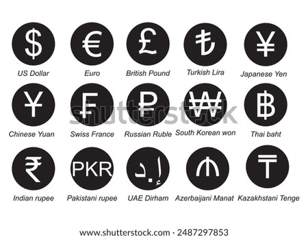 Currency icons set. Dollar, Euro, Pound, Yuan, Yun, Pkr, Ind, Uae,symbol sign. Collection of currency. Vector illustration.