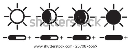 Bright sun light Contrast icon set. Screen contrast level. Vector illustration.