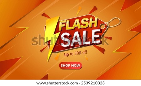 Bright flash sale banner with bold 3D text, lightning bolt, and ‘Shop Now’ button in vibrant orange, red, and gold. For promoting discounts, seasonal sales, and e-commerce ads.