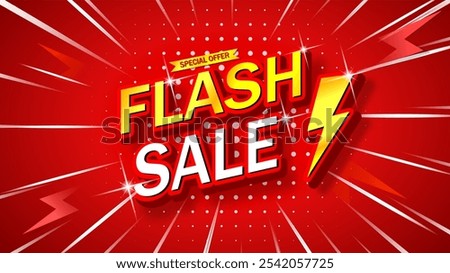 Flash Sale banner in vibrant red with a lightning bolt, radial burst, glowing highlights, and sparkle effects. For special offers, discounts, seasonal sales, e-commerce, and digital marketing.