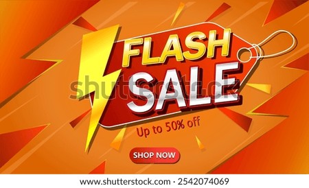 Bold flash sale banner featuring a lightning bolt and a ‘Shop Now’ button in vibrant shades of orange, red, and gold. A design for highlighting discounts, seasonal sales, and e-commerce promotions.