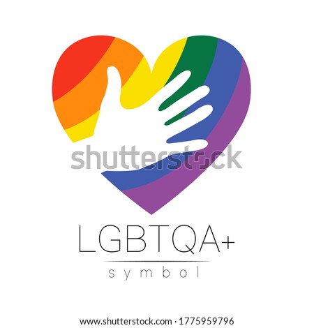 Vector LGBTQA logo symbol. Pride flag background. Icon for gay, lesbian, bisexual, transsexual, queer and allies person. Heart love with hand LGBT logotype on white.