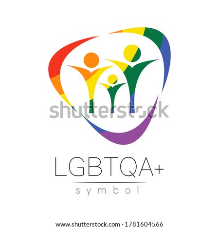 Vector LGBTQA family symbol. Pride flag background. Icon for gay, lesbian, bisexual, transsexual, queer and allies person. Can be use for sign activism, psychology or counseling. LGBT on white.