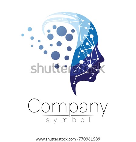 Vector symbol of human head. Profile face. Blue color isolated on white background. Concept sign for business, science, psychology, medicine. Creative sign design Man silhouette. Modern logo