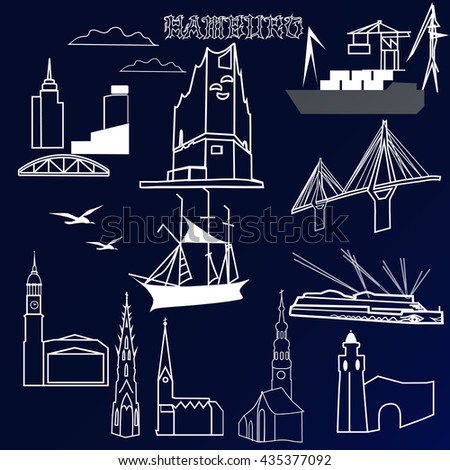 Vector hamburg set miniature with gothic lettering on the blue background for design