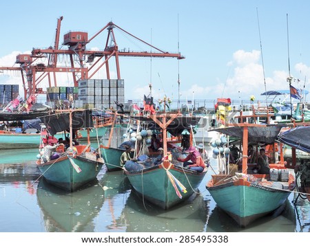 SIHANOUKVILLE SEA PORT - JUNE 4: Goods and products of Cambodia are exported by ships at Sihanoukville sea port on June 4, 2015. Sihanoukville sea port is the biggest port of Cambodia.