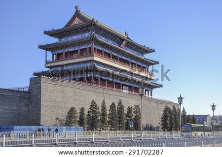 QIANMEN, THE ANCIENT ARCHERY AND CANNON TOWER IN BEIJING, CHINA-MARCH 27, 2011: It located near Tiananmen and It is a famous monument in Beijing and serves as a national symbol.