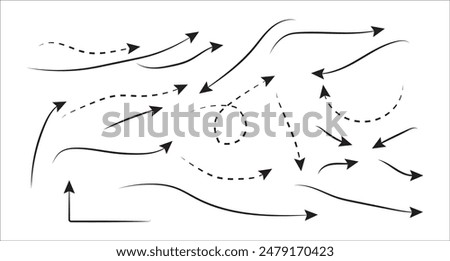 Vector set of drawn arrows. Sketch doodle style. Arrows are curved and straight, with a solid line and dashed lines. Collection of pointers. Isolated on white background.