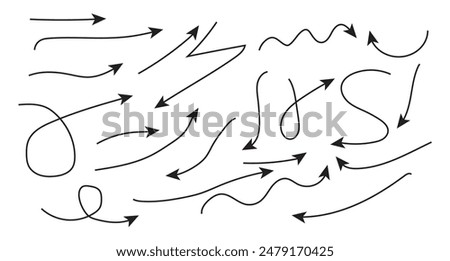 Vector set of drawn arrows. Sketch doodle style. Arrows are curved and straight, with a solid line and dashed lines. Collection of pointers. Isolated on white background.