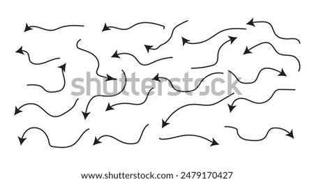 Vector set of drawn arrows. Sketch doodle style. Arrows are curved and straight, with a solid line and dashed lines. Collection of pointers. Isolated on white background.