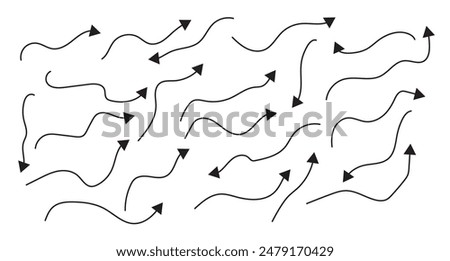 Vector set of drawn arrows. Sketch doodle style. Arrows are curved and straight, with a solid line and dashed lines. Collection of pointers. Isolated on white background.