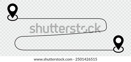 Route icon between two points with dotted path and location pin. Location pointer continuous one line drawing. GPS navigation line route mark. Travel route icon .